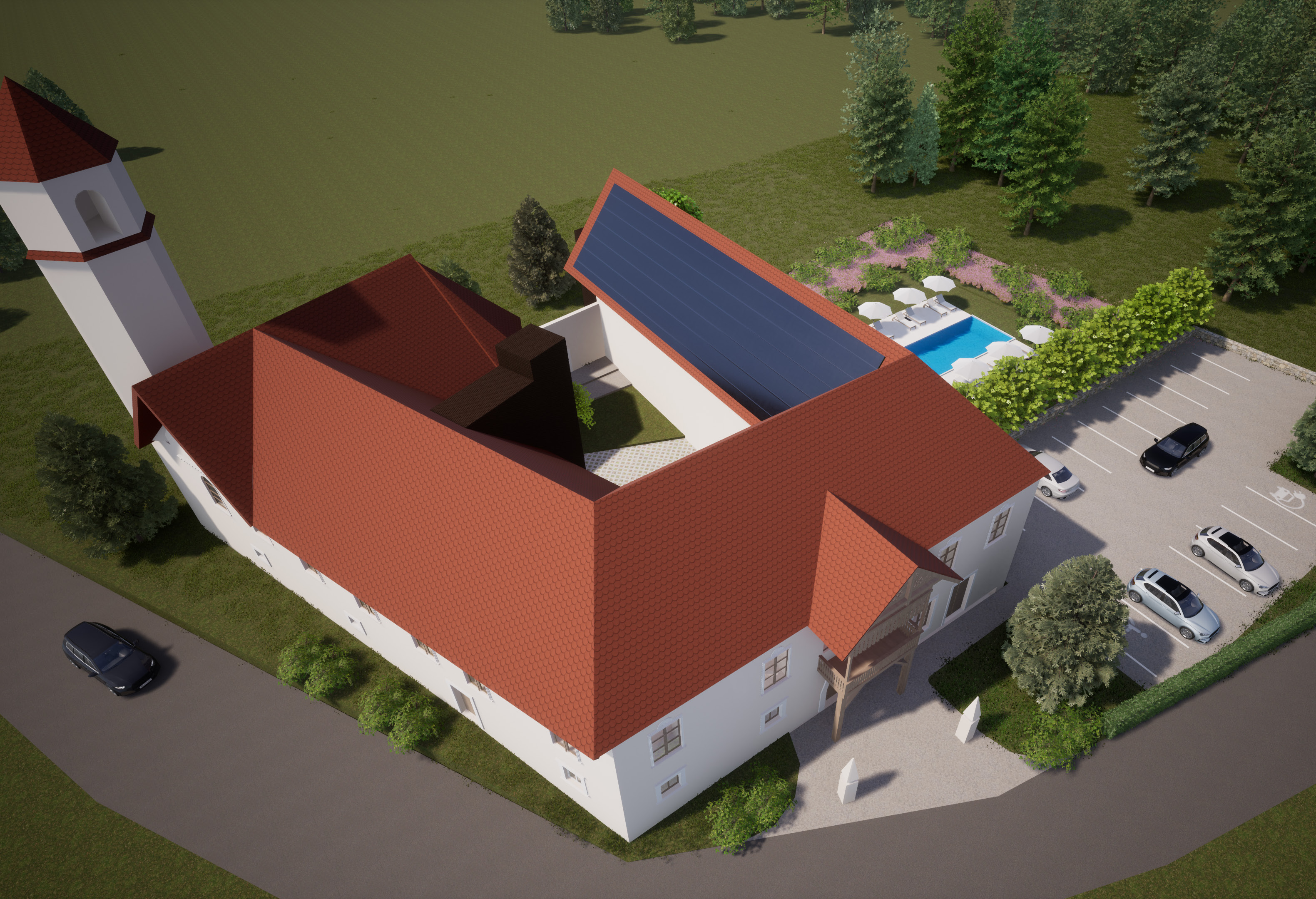 Projekt Rekonstrukcija in revitalizacija objekta vinski dvorec Straža na Cerini (Foto: 3D vizualizacija iz zraka)