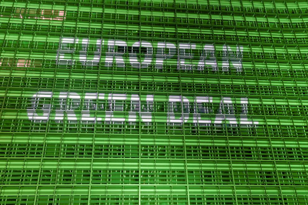 Berlaymont building illuminated in green for the European Green Deal