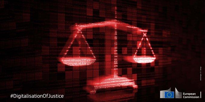Digitalizacija pravosodnega sodelovanja in dostopu do pravnega varstva (rdeča digitalizirana tehtnica na črni podlagi)
