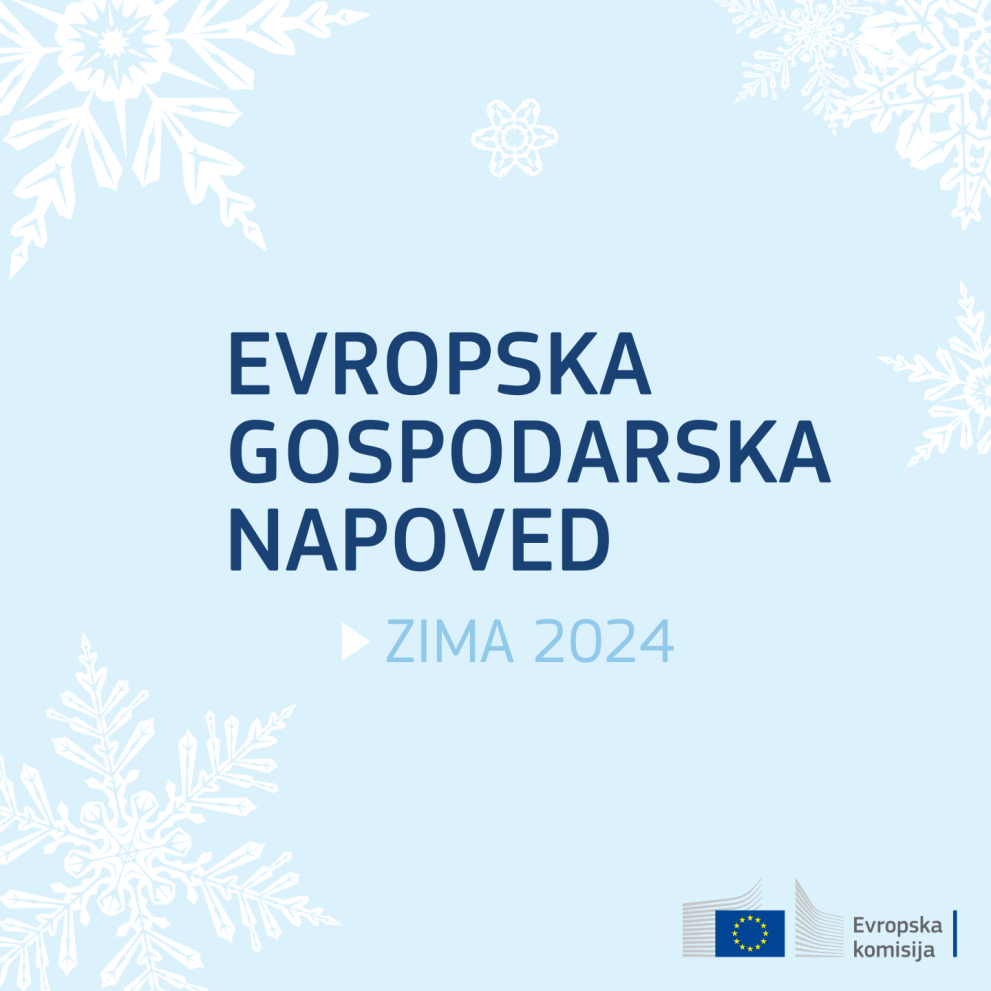 Zimska gospodarska napoved 2024 (Foto: svetlo modra podlaga z belimi snežinkami, na njej pa napis EVROPSKA GOSPODARSKA NAPOVED ZIMA 2024)