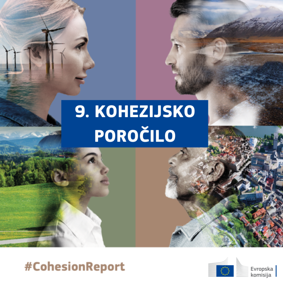 Deveto kohezijsko poročilo (Foto: obrazi dveh moških in dveh žensk s stilizirami podobami evropskih regij in naslovom v sredini)