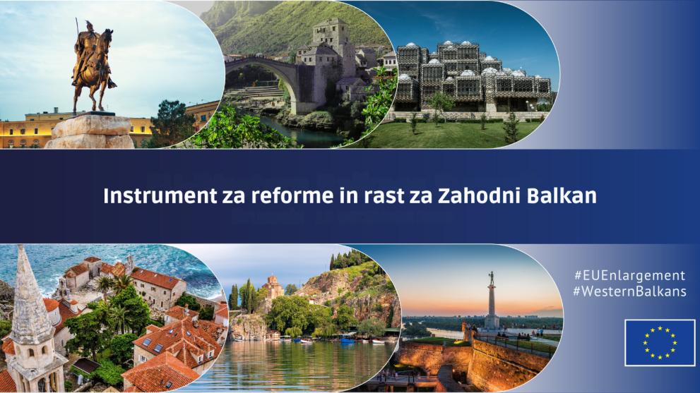 Instrument za reforme za ZAhodni Balkan (Foto: naslov na srednski modri podlagi obkrožen s fotografijami znamenitosti iz šestih držav Zahodnega Balkana)