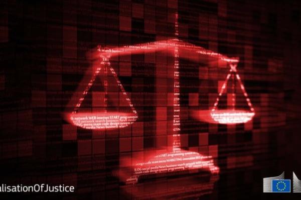 Digitalizacija pravosodnega sodelovanja in dostopu do pravnega varstva (rdeča digitalizirana tehtnica na črni podlagi)