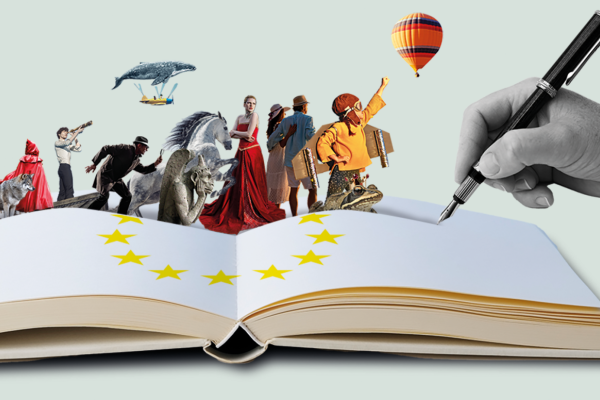 Dan evropskih avtorjev (Foto: grafika z odprto knjigo, zvezdicami z zastave EU in primeri različnih pravljičnih junakov)