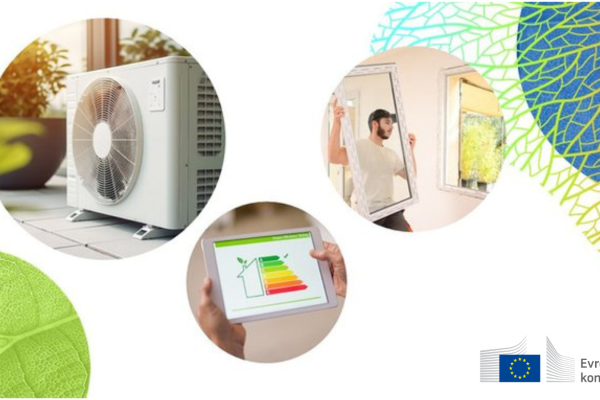 Evropski državljanski forum za energijsko učinkovitost (Foto: grafika s fotografijami zunanje enote klima naprave, oznake za energetsko učinkovitost električnih naprav in izolativnih oken na podlagi stiliziranih listov)