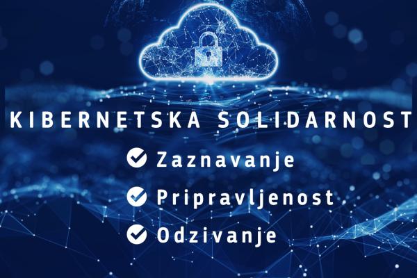 Akt o kibernetski solidarnosti (Foto: na temno modri podlagi, ki mimikira nočno nebo, na katerem je s ključavnico zaklenjen oblak je izpisano "Kibernetska solidarnost: zaznavanje, pripravljenost, odzivanje) 