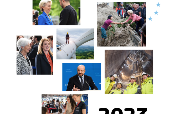 Splošno poročilo o dejavnostih EU za leto 2023 (Foto: naslovnica poročila z naslovom EU v letu 2023 in serijo fotografij, ki prikazujejo voditelje EU in prizore s terena)