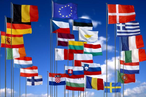 (Foto: zastave vseh 27 držav članic EU, ki na drogovih plapolajo v vetru)