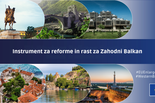 Instrument za reforme za ZAhodni Balkan (Foto: naslov na srednski modri podlagi obkrožen s fotografijami znamenitosti iz šestih držav Zahodnega Balkana)
